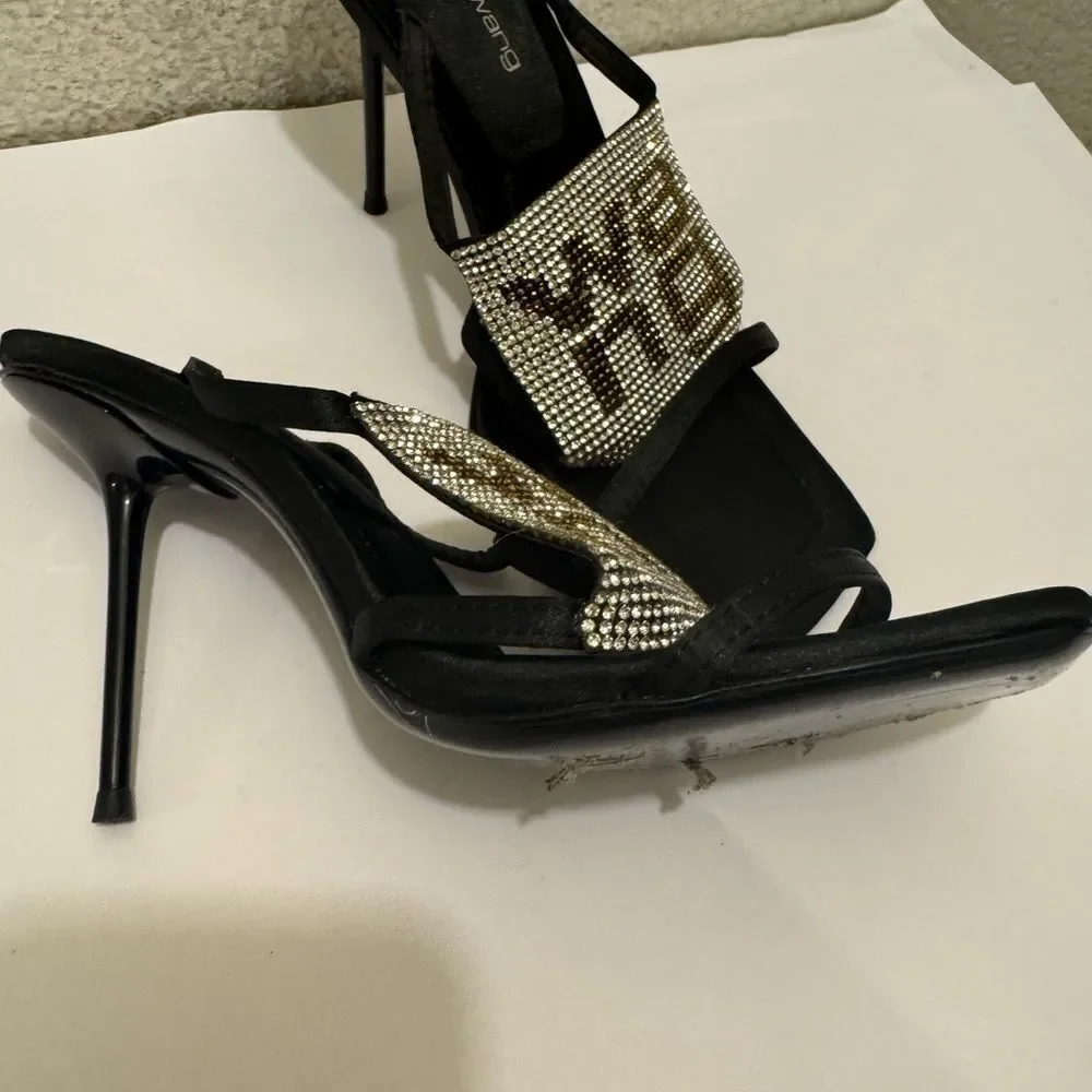 Alexander Wang Black and Silver Strappy Rhinestone Heels